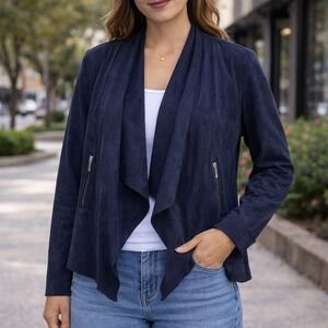 Jules & Leopold Navy‎ Blue Suede Drape Front Waterfall Jacket Women's Small